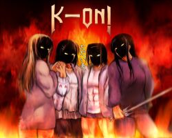  4girls akiyama_mio black_hair blonde_hair brown_hair commentary_request fire heavy_metal hirasawa_yui k-on! kaiga kotobuki_tsumugi lineup manowar multiple_girls pantyhose sword tainaka_ritsu weapon 