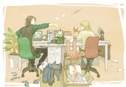  2boys bad_id bad_pixiv_id barnaby_brooks_jr. blonde_hair box brown_hair card cardboard_box costume crt kaburagi_kaede kaburagi_t._kotetsu monitor multiple_boys paper_airplane pepsi pepsi_nex photo_(object) plant product_placement sashimi555 sitting stuffed_animal stuffed_rabbit stuffed_toy sweater tiger_&amp;_bunny trading_card wild_tiger 