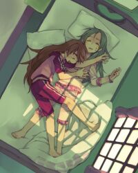  2girls barefoot bed closed_eyes commentary_request feet from_above green_hair hands holding_hands houjou_hibiki interlocked_fingers lying minamino_kanade multiple_girls orange_hair pajamas photoshop_(medium) pillow precure shorts sleeping suite_precure sweat takishima_asaka track_suit window_shadow yuri 