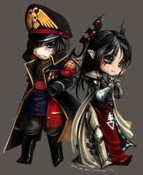  1boy armor black_hair blue_eyes blush chibi commissar eldar female gem gloves grey_eyes hat long_hair medal military military_uniform photoshop_(medium) pointy_ears short_hair uniform warhammer_40k yuikami 