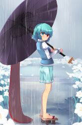  blue_eyes blue_hair daffodil female flower full_body geta green_hair heterochromia karakasa_obake purple_umbrella rain red_eyes shin_(new) short_hair skirt solo standing tatara_kogasa tongue touhou umbrella 