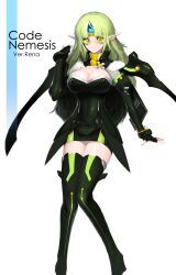  absurdres blush breasts circlet cleavage_cutout clothing_cutout code:_nemesis_(elsword) commentary_request cosplay dress elf elsword eve_(elsword) eve_(elsword)_(cosplay) female green_hair highres large_breasts long_hair photoshop_(medium) pointy_ears rena_erindel short_dress snowball22 solo thighhighs white_background 