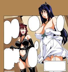  blue_hair blush bow breasts choker cleavage closed_eyes cosplay dominatrix femdom garter_belt garters gloves large_breasts maken-ki navel necklace nijou_aki open_mouth panties pantyshot red_hair rokujo_minori smile takeda_hiromitsu thigh_boots tiara whip 