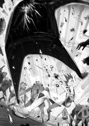  6+boys battle boots commentary_request crowd dress dutch_angle female from_below greyscale highres moka._tapioka monochrome multiple_boys original photoshop_(medium) punching science_fiction short_dress 