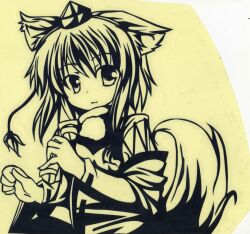  :3 animal_ears commentary_request detached_sleeves female hat highres inubashiri_momiji long_sleeves monochrome msumisa pet_food shirt short_hair solo tail touhou wolf_ears wolf_tail 