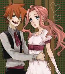  1boy bad_id bad_pixiv_id blue_eyes bow couple darry_adai dress female formal freckles gimmy_adai gloves heart highres mero_(omigurax) orange_hair pink_hair ponytail straight tengen_toppa_gurren_lagann vest 