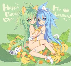  2girls alternate_color animal_ears animal_print arms_around_waist bad_id bad_pixiv_id birthday blade_(galaxist) blue_eyes blue_hair breast_press breasts cat_ears cham_cham dual_persona flat_chest food fruit green_eyes green_hair multiple_girls no_panties paw_shoes photoshop_(medium) samurai_spirits shoes small_breasts snk symmetrical_docking tail tiger_print 