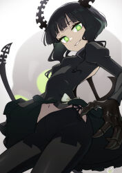  black_dress black_hair black_horns black_leggings black_rock_shooter breasts dead_master dress female glowing glowing_eyes green_eyes heebee horns leggings medium_hair navel scythe skeletal_hand small_breasts solo 