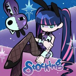  alternate_hairstyle animal_ear_hairband animal_ears black_bow black_bowtie blue_eyes blunt_bangs bow bowtie character_name fake_animal_ears female fishnet_pantyhose fishnets hairband holding holding_stuffed_toy honekoneko_(psg) jjjjtaaaku knee_up long_hair looking_at_viewer multicolored_hair open_mouth panty_&amp;_stocking_with_garterbelt pantyhose playboy_bunny stocking_(psg) stuffed_animal stuffed_cat stuffed_toy twintails wrist_cuffs 