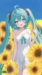  :d absurdres ahoge aqua_eyes aqua_hair aqua_ribbon bare_arms bare_shoulders blue_sky blush breasts collarbone cowboy_shot dot_nose dress female flower frilled_dress frills fuminshou_(nekopan_art) hair_ornament hatsune_miku head_tilt highres long_hair looking_at_viewer open_mouth outdoors ribbon shadow short_dress single_hair_intake sky small_breasts smile solo sunflower twintails vocaloid white_dress 