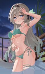  alternate_costume arm_up armpits bare_shoulders bikini black_headband breasts cowboy_shot female firefly_(honkai:_star_rail) green_bikini grey_hair headband highres honkai:_star_rail honkai_(series) large_breasts long_hair multi-strapped_bikini_bottom namoho82 navel night night_sky parted_lips partially_submerged sky solo stomach swimsuit thigh_strap thighs two-tone_eyes underboob wet 