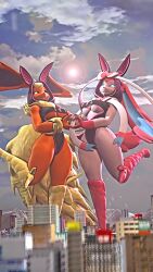  9:16 breasts city clothing duo eeveelution english_text female female/female flareon generation_1_pokemon generation_4_pokemon generation_6_pokemon heart_gesture hi_res hoodie hybrid lopunny macro nintendo pokemon pokemon_(species) ribbons_(anatomy) savitarpg12 sun sylveon tail text topwear 