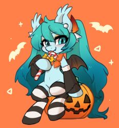  aqua_eyes aqua_hair bat_wings blush candy candy_cane commentary detached_sleeves earrings english_commentary fangs female food furrification furry furry_female halloween hatsune_miku highres holding holding_candy holding_candy_cane holding_food jack-o&#039;-lantern jewelry long_hair my_little_pony my_little_pony:_friendship_is_magic oofycolorful orange_background pumpkin sitting slit_pupils smile solo striped_clothes striped_thighhighs thighhighs twintails vocaloid wings 