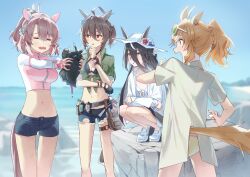  =_= agnes_tachyon_(umamusume) ahoge alternate_hairstyle amano_kokoko animal_ears beach belt bikini black_hair blurry blurry_background blush breasts brown_hair cleavage closed_eyes collarbone commentary_request dantsu_flame_(umamusume) flat_chest hat highres horse_ears horse_girl jungle_pocket_(umamusume) long_hair manhattan_cafe_(umamusume) navel ocean ponytail rock shoes shorts sky surprised swimsuit umamusume 