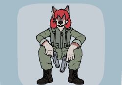  2024 activision akimbo anthro armor biped brown_body brown_fur call_of_duty call_of_duty:_black_ops canid canine canis changeling_tale clothed clothing crouching digital_media_(artwork) dual_weapon dual_wielding etching female fingers flak_jacket fully_clothed fur grey_body grey_fur gun hair handgun holding_gun holding_object holding_ranged_weapon holding_weapon jessie_(changeling_tale) mammal messy_hair military military_uniform mythological_canine mythological_creature mythology pistol pistols ranged_weapon red_hair rolled_up_sleeves sherrifdoggo simple_background sitting solo tan_body tan_fur uniform weapon were werecanid werecanine werewolf wolf 