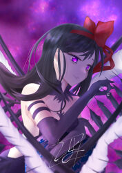  akemi_homura akuma_homura bare_shoulders black_feathers black_gloves black_hair bow detached_collar dress elbow_gloves feathers female gloves glowing glowing_eyes hair_ribbon hairband hairbow highres holding kyuubee long_hair looking_at_viewer magical_girl mahou_shoujo_madoka_magica purple_eyes red_ribbon ribbon signature smile solo wings wk_kore 