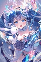  animal artist_name blue_dress blue_eyes blue_hair blue_ribbon blush bow breasts cleavage commentary detached_collar dress frills fur_trim hair_ornament hairclip hatsune_miku highres holding holding_animal ice long_hair looking_at_viewer open_mouth pom_pom_(clothes) rabbit_yukine ribbon samo_cha single_thighhigh smile snowflake_print striped_bow striped_clothes striped_thighhighs thighhighs twintails vertical-striped_clothes vertical-striped_thighhighs very_long_hair vocaloid yuki_miku 