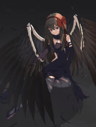  absurdres akemi_homura akuma_homura argyle_clothes argyle_thighhighs armlet bare_shoulders black_hair black_wings bow cc_(pixiv_38429604) center_opening closed_mouth collar detached_collar dot_nose dress elbow_gloves feather-trimmed_dress feathered_wings feathers female full_body gloves grey_background grey_thighhighs hair_between_eyes hairband hairbow high_collar high_heels highres jewelry long_hair mahou_shoujo_madoka_magica mahou_shoujo_madoka_magica:_hangyaku_no_monogatari medium_dress offering_hand purple_collar purple_dress purple_eyes purple_footwear purple_gloves red_bow red_hairband shadow side_slit sidelocks simple_background solo straight_hair strapless strapless_dress thighhighs very_long_hair wings 