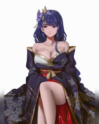  bare_shoulders breasts earrings female genshin_impact hair_ornament highres japanese_clothes jewelry kimono knee_up large_breasts looking_to_the_side notgustiarp off_shoulder purple_hair purple_kimono raiden_shogun red_sash sash simple_background sitting smile solo white_background 