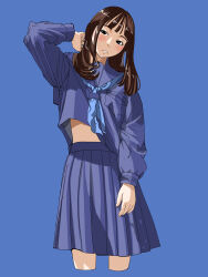  absurdres arm_up black_eyes black_hair blue_background blue_neckerchief blue_sailor_collar blue_serafuku blue_shirt blue_skirt blue_theme female head_tilt highres long_hair looking_at_viewer midriff_peek neckerchief original parted_lips pleated_skirt sailor_collar sakamoto_giulietta school_uniform serafuku shirt simple_background skirt solo standing 