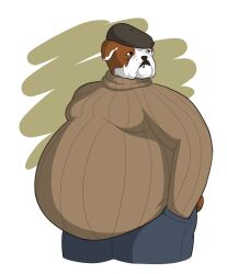  2017 anthro belly bent_arm beret big_belly black_beret black_eyes black_nose blue_bottomwear blue_clothing blue_pants bottomwear brown_body brown_clothing brown_fur brown_sweater brown_tail brown_topwear bulldog canid canine canis clothing colored digital_drawing_(artwork) digital_media_(artwork) domestic_dog floppy_ears fur hand_in_pocket hat headgear headwear hi_res male male_anthro mammal mastiff molosser moobs mouth_closed multicolored_body multicolored_fur obese obese_anthro obese_male overweight overweight_anthro overweight_male pants pockets shaded simple_background simple_shading solo standing sweater tail theannoyingnpc thick_thighs topwear two_tone_body two_tone_fur white_background white_body white_fur 