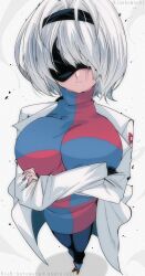  2b_(nier:automata) absurdres android_21 android_21_(cosplay) artist_name black_blindfold black_gloves black_hairband blindfold blue_dress breasts checkered_clothes checkered_dress closed_mouth coat copyright_name cosplay crossed_arms dragon_ball dragon_ball_fighterz dress female gloves grey_nails hairband highres kinakomochi_(user_vedc2333) lab_coat large_breasts long_sleeves mole mole_under_mouth nier:automata nier_(series) open_clothes open_coat red_dress shadow short_hair single_glove solo turtleneck turtleneck_dress two-tone_dress white_coat white_hair 