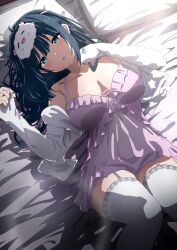  absurdres amano_nene_(vtuber) babydoll bed black_hair blue_bow blue_eyes bow breasts cleavage collarbone commission female garter_straps highres lying misaki_nonaka on_back open_mouth pillow pink_babydoll pink_nails production_kawaii skeb_commission sleep_mask solo thighhighs white_garter_straps white_thighhighs 