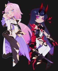  2girls absurdres black_background black_dress black_gloves blue_eyes boots breasts cape cleavage corset dress elf elysia_(honkai_impact) elysia_(miss_pink_elf)_(honkai_impact) gloves heart high_heel_boots high_heels highres holding holding_sword holding_weapon honkai_(series) honkai_impact_3rd horns long_hair multiple_girls pink_hair pointy_ears purple_eyes purple_hair raiden_mei raiden_mei_(herrscher_of_thunder) red_horns senouzzz sword weapon white_corset 