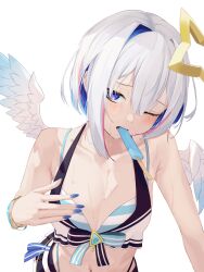  amane_kanata angel angel_wings bare_shoulders blue_hair blue_nails breasts collarbone colored_inner_hair feathered_wings female flat_chest food food_in_mouth grey_hair hair_between_eyes halo highres hololive hololive_summer_2023_swimsuit mouth_hold multicolored_hair navel official_alternate_costume one_eye_closed pink_hair popsicle purple_eyes short_hair simple_background small_breasts smallpine_7 solo star_halo streaked_hair swimsuit virtual_youtuber wet white_background wings 