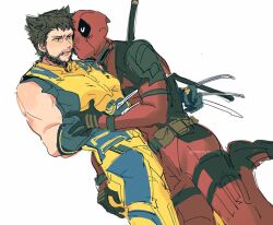  2boys beard belt blush bodysuit brown_hair claws commentary deadpool deadpool_&amp;_wolverine deadpool_(series) facial_hair frown gloves grabbing_another&#039;s_ass groping katana marvel mask merrydoground multiple_boys muscular muscular_male puckered_lips red_bodysuit short_hair simple_background sleeveless standing standing_on_one_leg superhero_costume sword sword_on_back symbol-only_commentary teeth weapon weapon_on_back white_background wolverine_(x-men) x-men yaoi yellow_bodysuit 