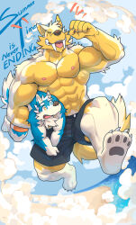  4_toes 5_fingers abs anthro barefoot beach black_bottomwear black_clothing black_pants blue_body blue_fur blue_sky bottomwear canid canine canis closed_eyes clothing cloud domestic_dog duo fangs feet fingers fur heterochromia kuulongarl kuuro_(kuulongarl) male mammal muscular muscular_anthro muscular_male muscular_thighs nipples orange_bottomwear orange_clothing orange_pants pants paws pecs sabertooth seidou_daiga_(kuulongarl) shirtless_male size_difference sky teeth toes white_body white_fur yellow_body yellow_fur 