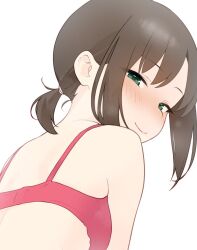  back blush bra bra_strap brown_hair closed_mouth commentary_request covered_sideboob female from_behind fubuki_(kancolle) green_eyes hair_between_eyes hair_tie kantai_collection looking_at_viewer looking_back low_ponytail medium_hair nape red_bra sakieko sidelocks simple_background smile smug solo turning_head underwear underwear_only upper_body white_background 