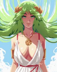  akairiot alternate_costume armlet bare_shoulders blue_sky breasts closed_mouth collarbone commentary dress female floating_hair green_eyes green_hair head_wreath highres jewelry kid_icarus kid_icarus_uprising large_breasts light_smile lips long_hair looking_at_viewer necklace palutena parted_bangs red_rope rope sky sleeveless sleeveless_dress solo upper_body white_dress 