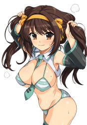  aqua_necktie between_breasts bikini black_sleeves blue_theme breasts brown_eyes brown_hair cosplay cowboy_shot cropped_shirt detached_sleeves female hair_ribbon hairband haruhisky hatsune_miku hatsune_miku_(cosplay) highres holding holding_own_hair large_breasts meme_attire miku_collar_bikini necktie necktie_between_breasts official_alternate_hair_length official_alternate_hairstyle ribbon shirt shrug_(clothing) solo striped_bikini striped_clothes suzumiya_haruhi suzumiya_haruhi_no_yuuutsu swimsuit twintails vocaloid white_shirt yellow_hairband yellow_ribbon 