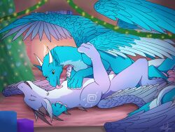  adrim animated bedding blanket blanket_(character) book candle christmas dragon duo european_mythology feathers female feral fire gift hi_res holidays licking male male/female mythological_creature mythological_scalie mythology neck neck_lick scalie tongue western_dragon wings zephy_(nightfire_zephyr) 