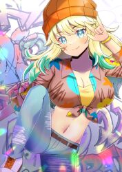  \m/ arm_up beanie belt belt_buckle blonde_hair blue_eyes blue_pants breasts brown_belt brown_shirt buckle cleavage closed_mouth collarbone collared_shirt commission crop_top denim dress_shirt female graffiti green_hair hat jeans knee_up kou_hiyoyo large_breasts long_hair long_sleeves looking_at_viewer midriff mole mole_on_breast multicolored_hair navel orange_hat pants player_character_(street_fighter_6) shirt shoes skeb_commission smile solo standing standing_on_one_leg street_fighter street_fighter_6 tied_shirt torn_clothes torn_pants two-tone_hair white_footwear 