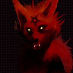  1:1 anthro black_background black_nose black_sclera creepy demon foxstep_(artist) fur hi_res hybrid lineless looking_at_viewer male occult_symbol pentagram prick_ears red_body red_fur sharp_teeth simple_background solo symbol teeth yellow_eyes 