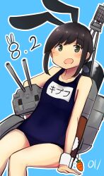  absurdres alternate_costume animal_ear_hairband animal_ears blue_background blue_one-piece_swimsuit blush breasts brown_hair bunny_day carrot character_name collarbone commentary_request dated fake_animal_ears female fubuki_(kancolle) green_eyes hairband highres holding holding_turret kantai_collection low_ponytail ma_rukan medium_hair old_school_swimsuit one-piece_swimsuit open_mouth outline rabbit_ear_hairband rabbit_ears rabbit_tail rigging school_swimsuit short_ponytail sidelocks signature small_breasts smokestack solo swimsuit tail translated turret white_outline 