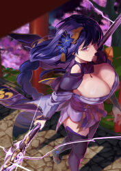  breasts cleavage engulfing_lightning_(genshin_impact) female genshin_impact hair_ornament highres holding holding_weapon japanese_clothes kimono large_breasts leggings long_braid long_hair looking_at_viewer looking_to_the_side purple_eyes purple_hair purple_kimono purple_leggings raiden_shogun saurophaganax solo weapon zettai_ryouiki 