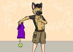  4_fingers admiring_self anthro ball belt black_nose bottomwear brown_body brown_eyes brown_fur canid canine canis cargo_shorts cheek_tuft clothed clothing content content_smile discarded_clothing domestic_dog eye_scar facial_scar facial_tuft fingers fluffy fox0808 fur fur_growth german_shepherd growth hand_on_chest head_tuft herding_dog human human_to_anthro male mammal mid_transformation motion_lines pastoral_dog petting_self scar scratching_chest shaded shirt shorts simple_background simple_shading smile solo species_transformation standing t-shirt tan_body tan_fur teeth tennis_ball tennis_ball_in_mouth theotherblitzgshep tongue topless topwear transformation tuft undressing 