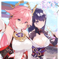  2girls armpits bare_shoulders blue_sky breasts cleavage earrings food food_in_mouth genshin_impact hair_between_eyes hair_ornament hetare_mizu highres holding holding_food japanese_clothes jewelry kimono large_breasts long_braid long_hair multiple_girls nontraditional_miko outdoors pink_hair purple_eyes purple_hair raiden_shogun sky vision_(genshin_impact) white_kimono yae_miko 