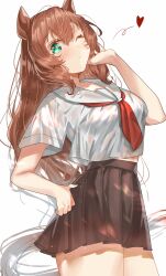  animal_ears black_skirt blowing_kiss blue_eyes brown_hair closed_mouth commentary_request female hair_between_eyes hand_on_own_hip heart highres horse_ears horse_girl horse_tail maruzensky_(umamusume) neckerchief one_eye_closed pleated_skirt red_neckerchief sailor_collar school_uniform serafuku shirt short_sleeves simple_background skirt smile solo tail ueruko umamusume uniform white_background white_shirt 