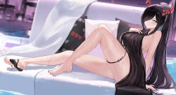  absurdres azur_lane black_dress black_hair black_nails breasts dress female friedrich_der_grosse_(azur_lane) friedrich_der_grosse_(one_summer_night&#039;s_intimacy)_(azur_lane) full_body hair_over_one_eye high_ponytail highres horns large_breasts long_hair mechanical_horns nail_polish official_alternate_costume official_alternate_hairstyle panties panties_around_one_leg pool red_horns sitting solo suo_bu_ye_feng toenail_polish toenails underwear very_long_hair yellow_eyes yes-no_pillow 