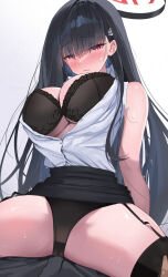  1boy bare_arms bare_shoulders black_garter_straps black_hair black_panties black_skirt black_thighhighs blue_archive blush breasts bright_pupils commentary_request cowgirl_position female garter_straps halo highres large_breasts long_hair paid_reward_available panties partially_unbuttoned red_eyes rio_(blue_archive) shirt shirt_tucked_in shougun_(chuckni1) simple_background sitting skirt solo_focus thighhighs thighs underwear white_background white_pupils white_shirt 