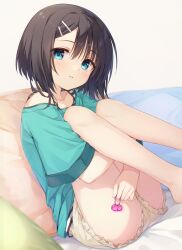  aqua_eyes aqua_shirt barefoot black_hair blush cofetaru collarbone commentary_request dracu-riot! eyes_visible_through_hair feet_out_of_frame female frilled_shorts frills hair_between_eyes hair_bobbles hair_ornament hairclip highres holding holding_hair_ornament hugging_own_legs knees_up legs looking_at_viewer medium_hair mera_azusa on_bed parted_lips shirt short_shorts short_sleeves shorts simple_background sitting solo straight_hair thighs tsurime white_background 