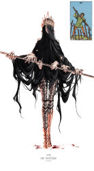  1other absurdres armored_boots asymmetrical_footwear black_robe black_veil blood boots chausses covered_face crown dual_persona english_text extra_hands floral_print highres holding holding_staff nezumiayasha original photo_inset robe roman_numeral simple_background solo staff tarot veil white_background yellow_footwear 