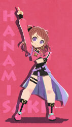  absurdres ankle_boots arm_up belt black_ribbon black_shirt black_shorts blue_eyes blue_skirt blush boots bow braid breasts brown_hair character_name closed_mouth crop_top cropped_jacket cropped_shirt earrings female fighting_my_way_(idolmaster) full_body gakuen_idolmaster hair_ribbon hairbow hanami_saki hand_on_own_hip highres hoop_earrings idolmaster index_finger_raised jacket jewelry long_hair long_sleeves looking_at_viewer medium_breasts meidosan midriff miniskirt navel no_nose overskirt pencil_skirt pink_footwear pink_jacket pink_ribbon purple_belt red_background ribbon shadow shirt shorts simple_background skirt smile solo standing thigh_strap twitter_username two_side_up v-shaped_eyebrows 