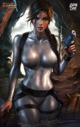  absurdres artist_name belt bodysuit braid breasts brown_eyes brown_hair buckle covered_collarbone deviantart_username dirty female finger_on_trigger grey_bodysuit gun hair_over_shoulder handgun highres holding holding_gun holding_weapon holster lara_croft lips logan_cure long_braid long_hair looking_at_viewer medium_breasts parted_lips patreon_username scratches shorts single_braid solo thigh_holster tomb_raider twitter_username variant_set wading watermark weapon wet wet_clothes wet_hair 