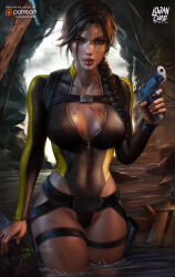  absurdres artist_name belt black_leotard blood blood_on_chest blood_on_face braid breasts brown_eyes brown_hair buckle cave chest_harness collarbone commentary deviantart_username dirty english_commentary female finger_on_trigger gun hair_over_shoulder handgun harness highres holding holding_gun holding_weapon holster lara_croft leotard lips logan_cure long_hair looking_at_viewer medium_breasts multicolored_leotard parted_lips patreon_username scratches single_braid solo thigh_holster tomb_raider twitter_username unzipped variant_set wading watermark weapon wet wet_hair yellow_leotard zipper_pull_tab 