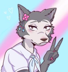  5_fingers anthro ascot beastars blue_ascot blush blush_lines breasts brown_eyes bust_portrait canid canine canis claws clothed clothing colored digital_media_(artwork) dress eyelashes eyeshadow facial_tuft female fingers flag flag_background flower_accessory flower_head_accessory fur gesture grey_body grey_fur half-closed_eyes hand_gesture heart_symbol hi_res legoshi_(beastars) lgbt_pride looking_at_viewer makeup mammal mtf_crossgender multicolored_body multicolored_fur narrowed_eyes pink_claws portrait pride_colors purple_eyeshadow rule_63 school_uniform shaded side_view sillywhimm simple_background snaggle_tooth snout solo trans_(lore) trans_woman_(lore) transgender_pride_colors tuft two_tone_body two_tone_fur uniform v_sign white_body white_clothing white_dress white_fur wolf 